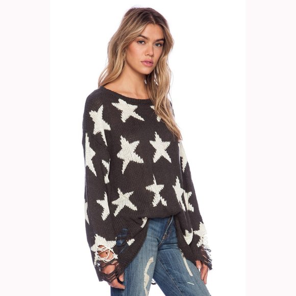 💥ICONIC💥Wildfox Seeing Stars Distressed Lennon Sweater in Vintage Dirty Black - Picture 3 of 12